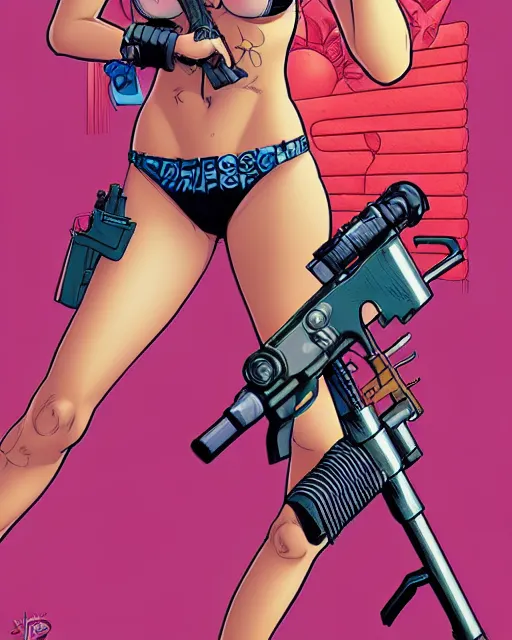 Prompt: comic cover art of a bikini - clad guerilla, inspired by gunsmith cats and tank girl, illustration by jenny frison and sana takeda, intricate details, stunning inking lines, stunning gradient colors, 4 k, hd, artstation