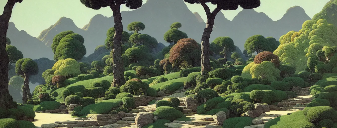 Prompt: a gorgeous very early spring landscape of tree canopies painting by barlowe wayne maxfield parrish and marco mazzoni. tree no leaf!!!! china mountain village!! grey blue and very little light verdancy. the winding stone steps. ultra clear detailed. 3 d, octane render. turbulent blood lake.