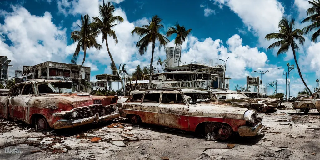 Prompt: wide angle shot of dilapidated fallout 5 miami, tropical coastal city, desolate, dilapidated, some rusted retro futuristic vintage parked vehicles like cars, buses, trucks, trams, sunny weather, few clouds, volumetric lighting, photorealistic, daytime, spring, sharp focus, ultra detailed, technicolour 1