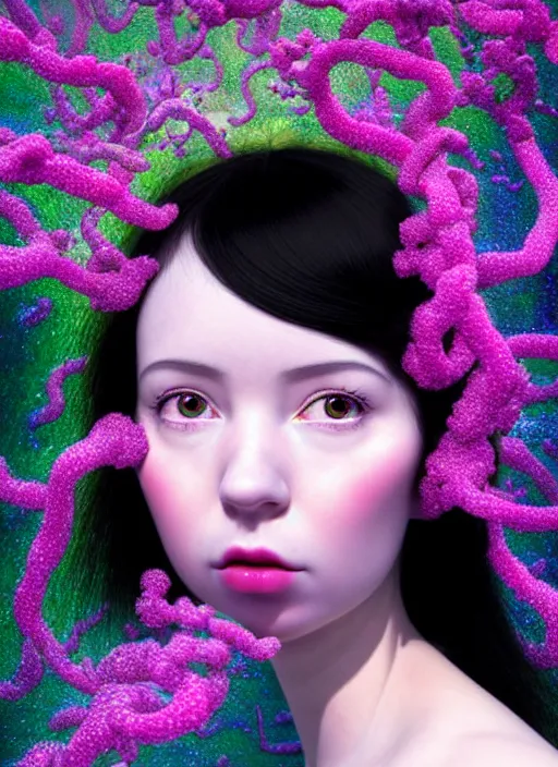 Prompt: hyper detailed 3d render like a Oil painting - kawaii portrait Aurora (black haired Singer woman) seen Eating of the Strangling network of yellowcake aerochrome and milky Fruit and Her delicate Hands hold of gossamer polyp blossoms bring iridescent fungal flowers whose spores black the foolish stars by Jacek Yerka, Mariusz Lewandowski, Houdini algorithmic generative render, Abstract brush strokes, Masterpiece, Edward Hopper and James Gilleard, Zdzislaw Beksinski, Mark Ryden, Wolfgang Lettl, hints of Yayoi Kasuma, octane render, 8k