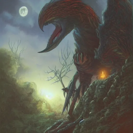 Prompt: A giant bird hiding in the shadows, waiting to strike, dark, threatening, gloomy, by Ralph Horsley