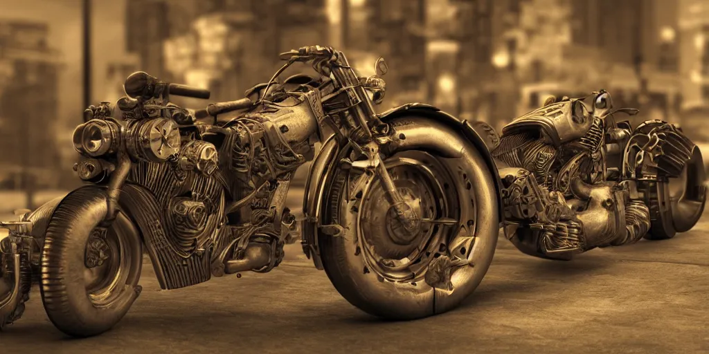 Image similar to steampunk american muscle motorcycle, photorealistic, 3 d rendering, cute, unreal engine, bokeh