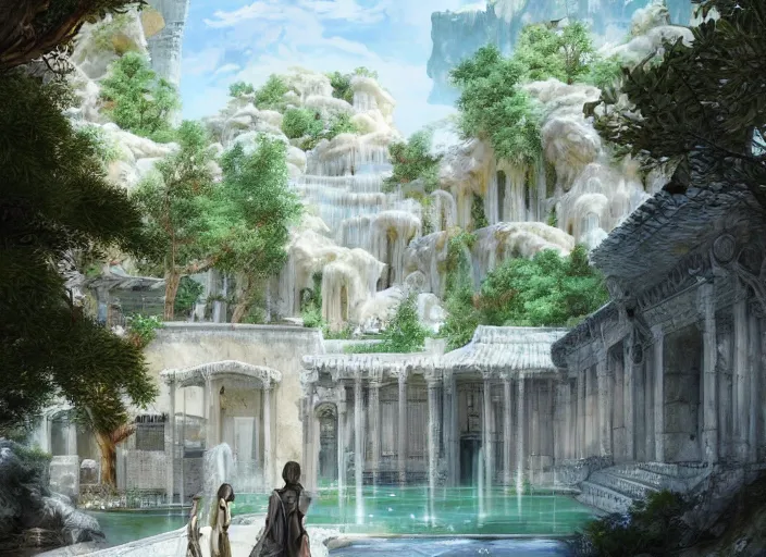 Prompt: A wide open courtyard in a beautiful elven city made of ivory, anime, lush trees, fountain, at Pamukkale, thermal waters flowing down white travertine terraces, intricate, elegant, luxurious, digital painting, concept art, smooth, sharp focus, from Star Trek 2021, illustration, by WLOP and Ruan Jia and Mandy Jurgens and William-Adolphe Bouguereau, Artgerm