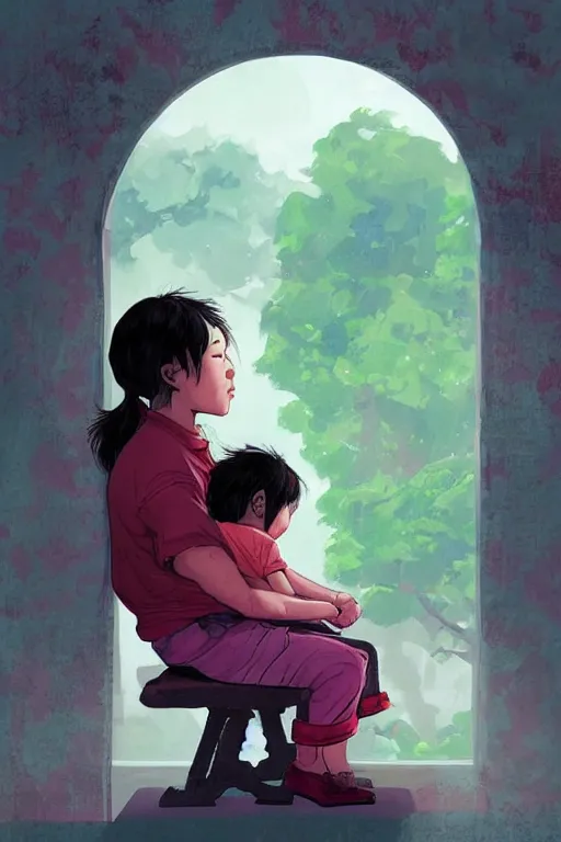 Image similar to child without dream, just sit and cry, art by jacqueline e, color by sam wilde and background by bo feng lin