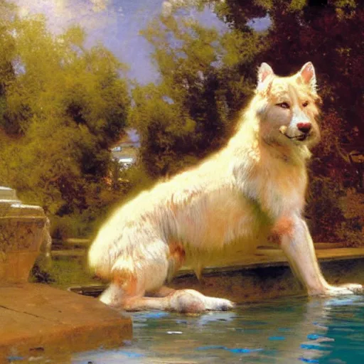 Image similar to a portrait of an animal in the pool, furry body, furry arms, furry legs, furry tail. highly detailed painting by gaston bussiere, craig mullins, j. c. leyendecker, furry