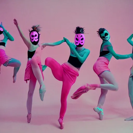 Prompt: photo of dancers made from cotton candy in big geometric MASKS, smudge, lo fi, mix, texture, lomography