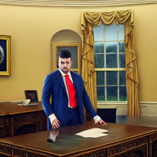 Prompt: hyperrealistic mixed media image of a illustrious duck in a tiny blazer and tie standing in the desk in the oval office, stunning 3 d render inspired art by istvan sandorfi and greg rutkowski, perfect facial symmetry, realistic, highly detailed attributes and atmosphere, dim volumetric cinematic lighting, 8 k octane extremely hyper - detailed render, post - processing, masterpiece,