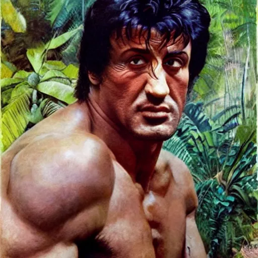 Image similar to color portrait of sylvester stallone in the jungle by frank frazetta