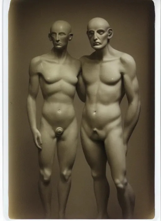 Prompt: an android with an adult male human looking face is the thinker by auguste rodin, polaroid, flash photography, photo taken in a back storage room where you can see empty shelves in the background,