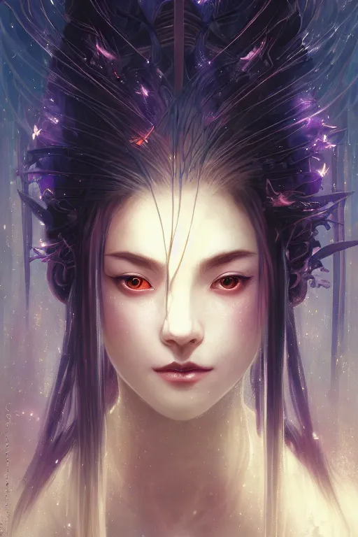 Image similar to beautiful female Ninja, mystery and gorgerous and magical and stunning portrait+shiny eyes+light flowing hair, in mudra and firefly night ruin tokyo temple, ultradetail face, art and illustration by tian zi and craig mullins and WLOP and alphonse mucha, rim lght, fantasy, intricate complexity, human structure, fantasy world concept, watermark, blurry, hyperrealism 8k