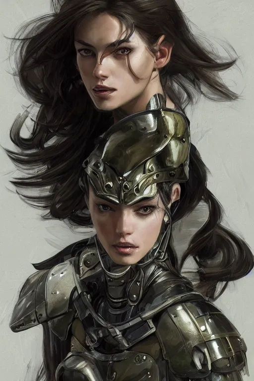 Image similar to a finely detailed painting of an attractive young woman, clothed in military-style battle armor, olive skin, long dark hair, beautiful bone structure, symmetrical facial features, intricate, elegant, digital painting, trending on Artstation, concept art, smooth, sharp focus, illustration, from Metal Gear by Ruan Jia and Mandy Jurgens and Artgerm and William-Adolphe Bouguerea, award winning