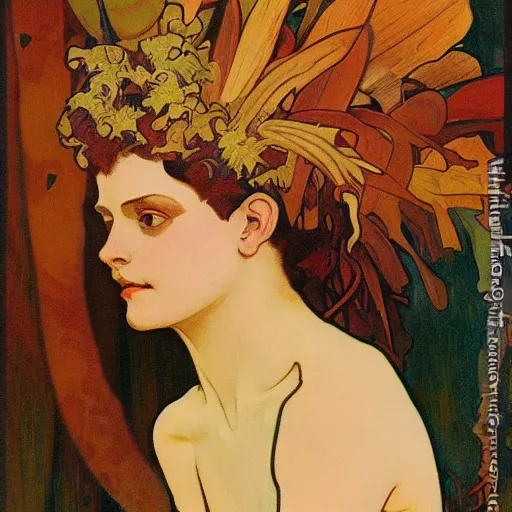 Prompt: portrait of Neytiri with tan skin and spiky short red hair by Alphonse Mucha and Grant Wood