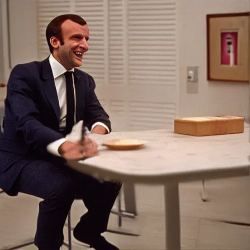 Image similar to Emmanuel Macron laughing in American Psycho (1999)