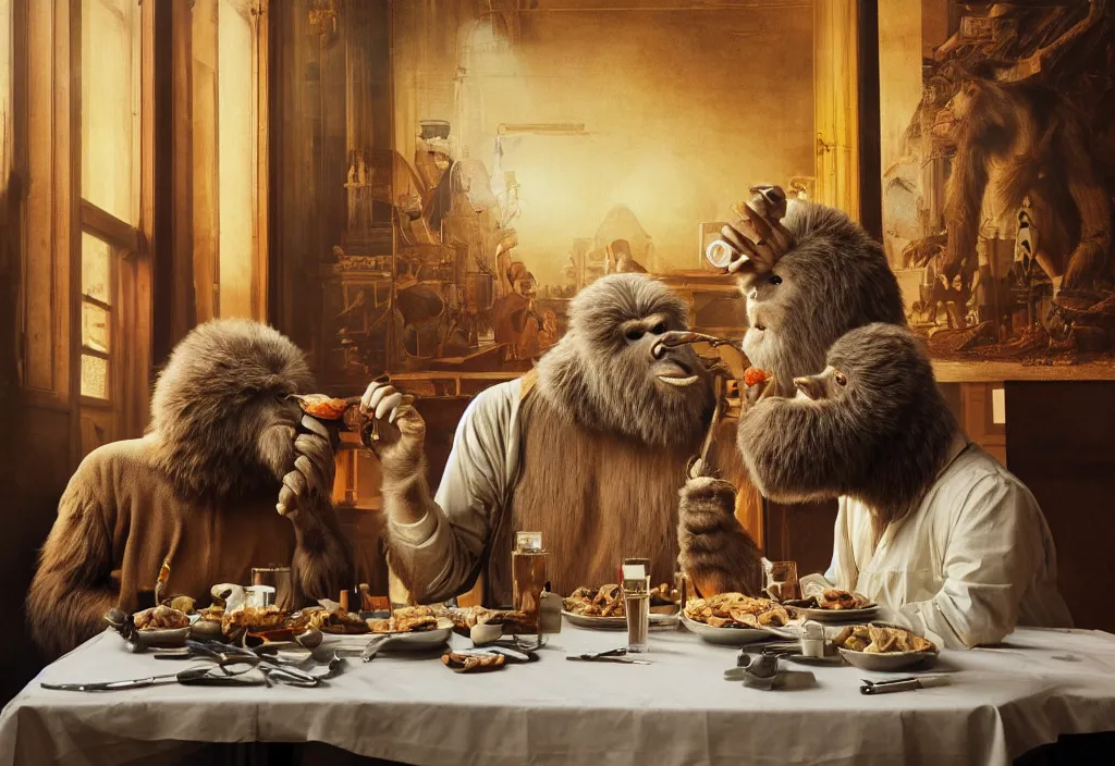 Image similar to accidentally wes anderson award - winning photograph of yeti and bigfoot eating lung in paris restaurant, accidental renaissance, golden ratio, fibonacci composition, 4 k, detailed, art by greg rutkowsky, trending on artstation, cinematic lighting, filmic grain, golden hour, detailed, 4 k