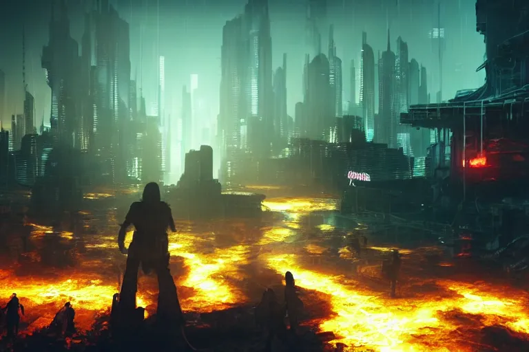 Prompt: cyberpunk landscape of hell with people suffering and ghost, futuristic look, highly detailed body, very powerful, photorealistic camera shot, bright studio setting, studio lighting, crisp quality and light reflections, unreal engine 5 quality render