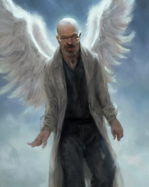 Image similar to walter white winged angel, male!!!!!!!, long white hair, by daniel gerhartz, trending on artstation