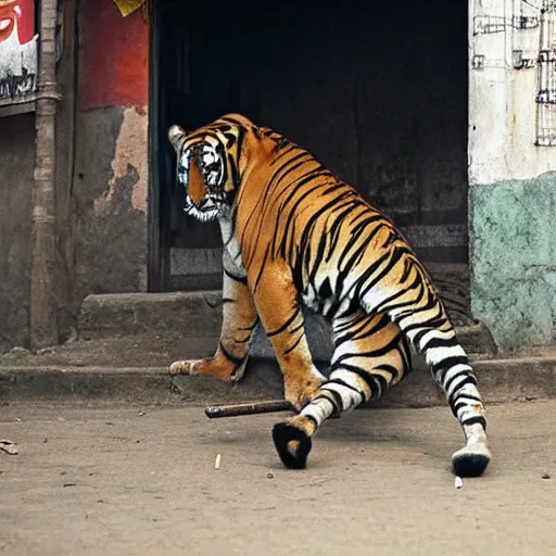 Image similar to photograph of a Tiger smoking smoking a joint in the streets of Dhaka