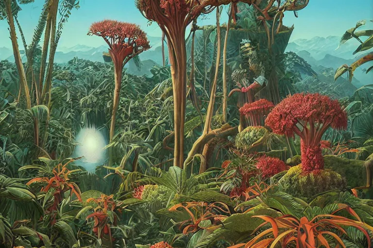 Image similar to evangelionic illustration, a lot of exotic vegetation, trees, tremendous pleasure, flowers, oldschool vintage sci - fi flat surreal design, super - detailed, oil painting by moebius, hd, 4 k, high quality