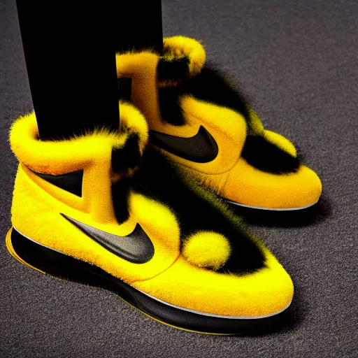 Image similar to nike model shoe made of very fluffy yellow and black faux fur placed on reflective surface, sonic colors professional advertising, overhead lighting, heavy detail, realistic by nate vanhook, mark miner
