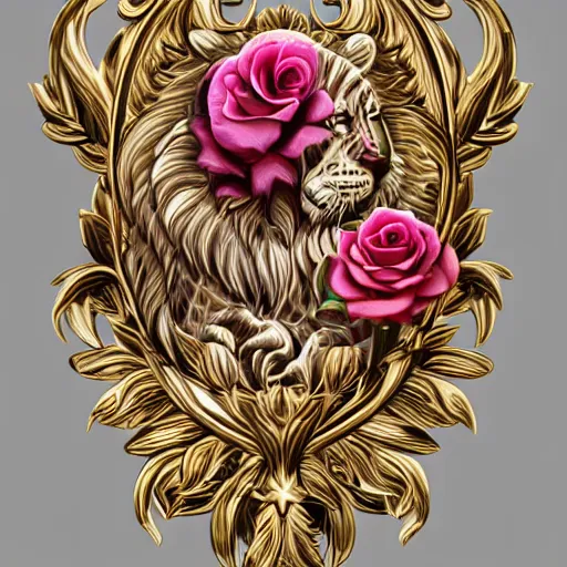 Prompt: beautiful decorative classical ornamental emblem, spirit tiger, fibonacci rhythms, roses, lilies, rose petals, lily petals, acanthus scrolls, small medium and large elements, artgerm, trending on artstation, wlop, russ abbott