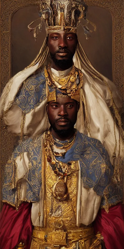 Image similar to a stunning and noble highly detailed romantic period style portrait of Mansa Musa by Josep Tapiró Baró and Greg Rutkowski, trending on artstation, oil painting masterpiece, symmetry, African iconography