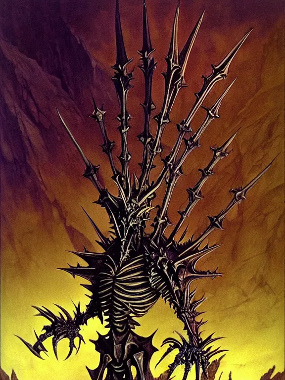 Prompt: A little vibrant. A spiked horned detailed dragon-semihuman skeleton with armored joints stands in a large cavernous dark castle with a pebble in hands. Wearing massive shoulderplates, cloak. Extremely high details, realistic, fantasy art, solo, masterpiece, bones, ripped flesh, colorful art by Zdzisław Beksiński, Arthur Rackham, Dariusz Zawadzki, Harry Clarke