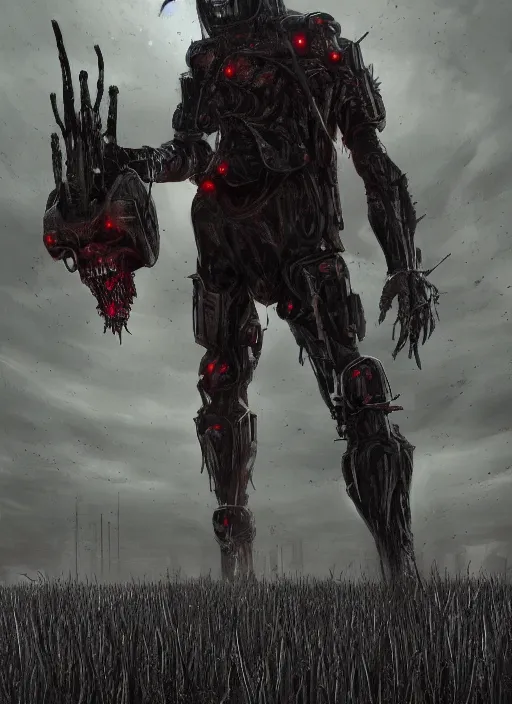 Image similar to a demonic looking man standing in the middle of a field, cyberpunk art by aleksi briclot, trending on artstation, antipodeans, concept art, artstation hd, dystopian art