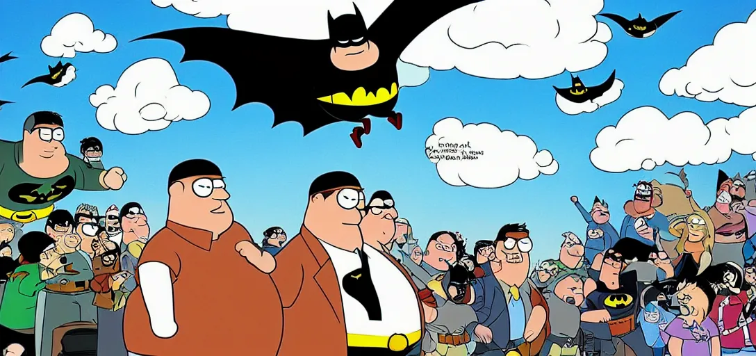 Image similar to peter griffin as batman, flying in sky