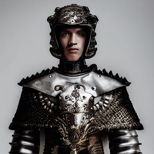 Prompt: a portrait of a beautiful young male wearing an alexander mcqueen armor made of wax , photographed by andrew thomas huang, artistic