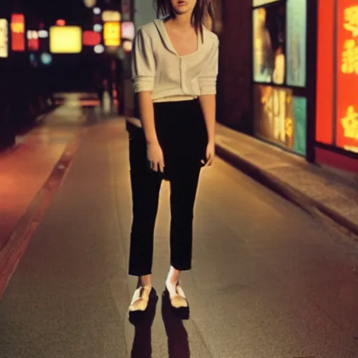 Image similar to emma watson, in tokyo at night, film still, cinestill 8 0 0,