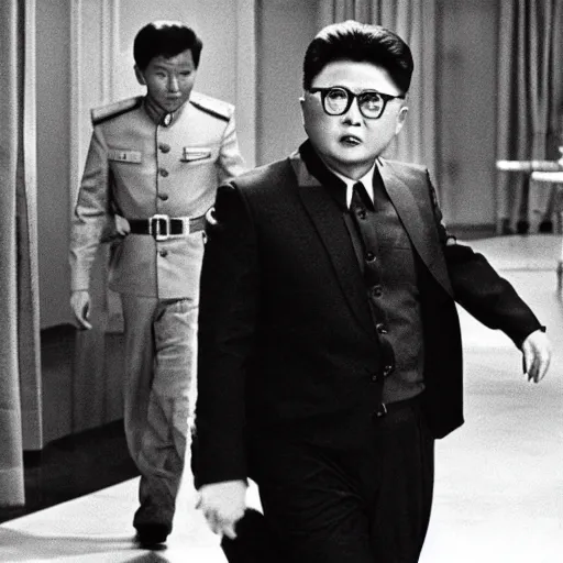 Image similar to Kim Jong-il in the role of James Bond, action filmstill, 1960s spy, Walther PPK