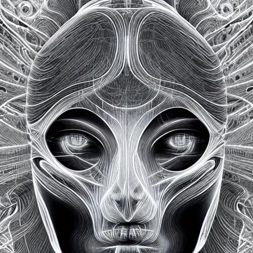 Prompt: holographic headset interface painted in alex grey and cameron gray style drawn by oku, inspired by ooioo, intricate 3 d sculpture, black and white, 3 d, high detail, sharp high detail, artstation, octane