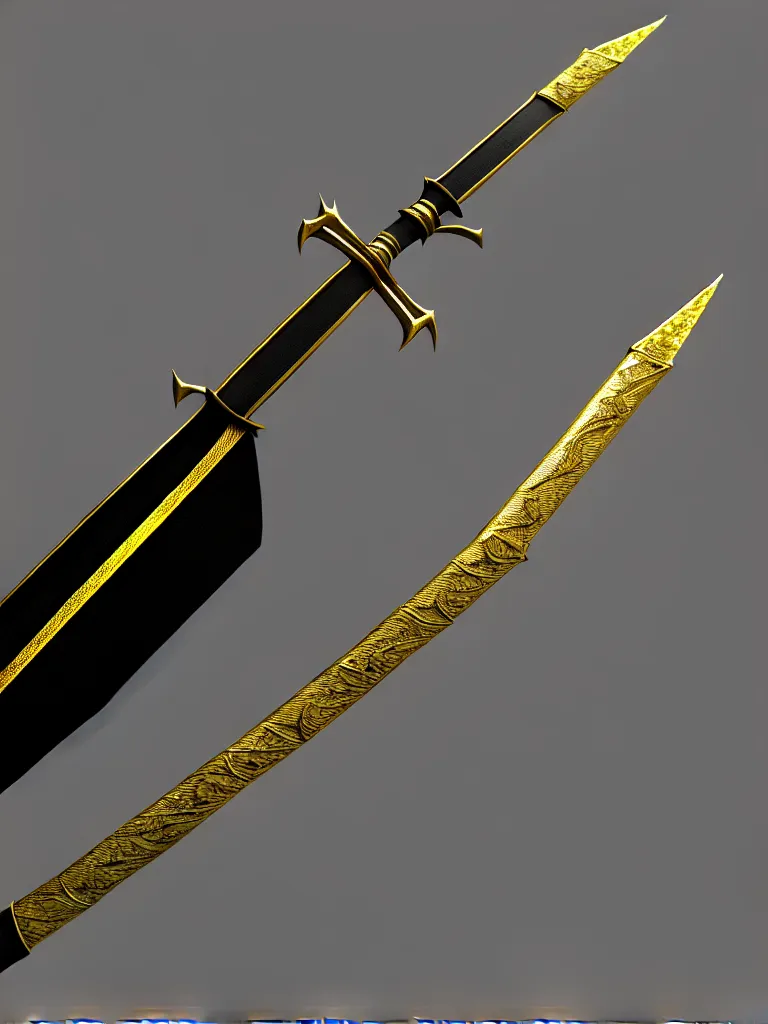 Image similar to magic long sword, proportional image, runed, black background, 3 d octane render, blade, sharp, gold, gems, cryptoblades