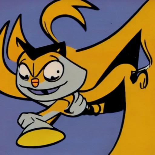 Image similar to a hanna barbera cartoon drawing of miles tails prower flying in the air