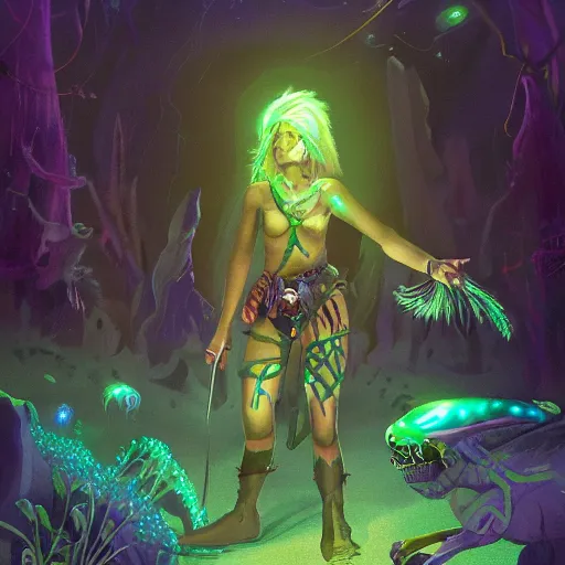 Prompt: a battle - scarred adventurer, she is surrounded by bioluminescence in a glowing alien jungle, fantasy