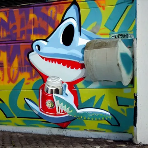 Prompt: an anthro shark holding a beer, graffiti on a wall dac 15.0