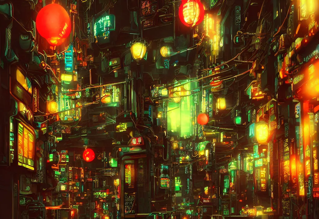 Prompt: a futuristic cyberpunk japanese izayaka alley with neon lights and lanterns, soft glow, intricate, cybernetic, viewed at 3 / 4 angle, trending on artstation, octane render, unreal engine, colorful, in the style of chris foss, rodger dean, moebius, michael whelan, and gustave dore