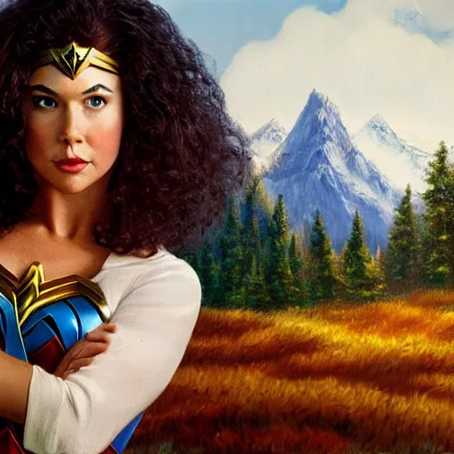 Image similar to a closeup photorealistic photograph of bob ross working on a canvas painting of wonder woman. film still. brightly lit scene. mountains and trees. this 4 k hd image is trending on artstation, featured on behance, well - rendered, extra crisp, features intricate detail, epic composition and the style of unreal engine.