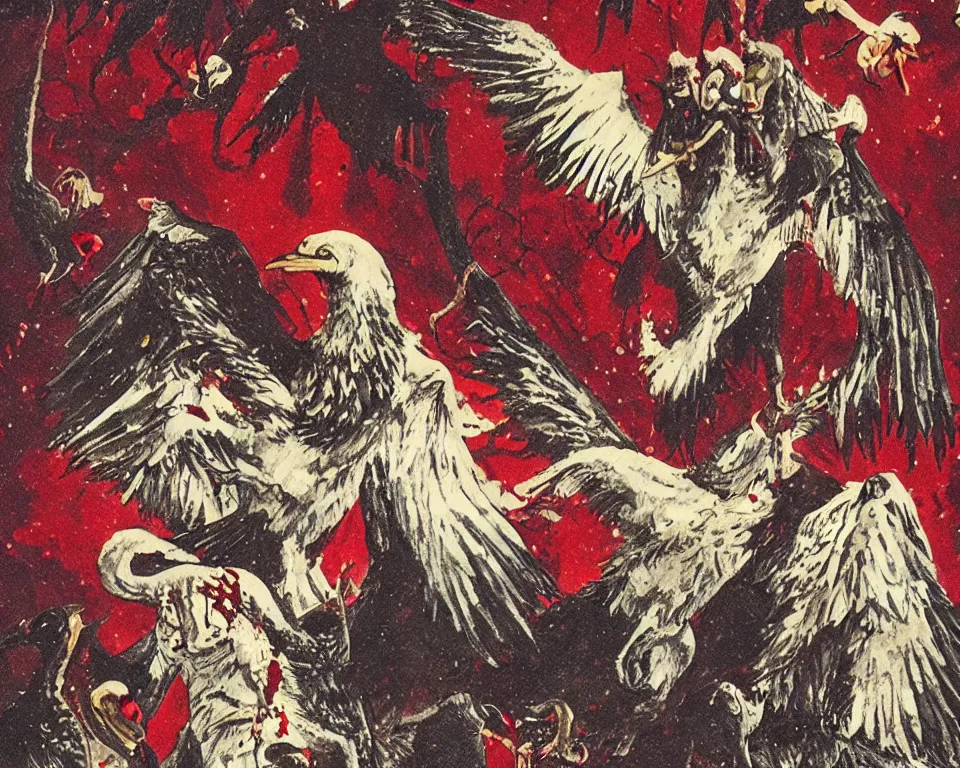 Image similar to a christmas card with a sinister demon and vultures, covered in blood