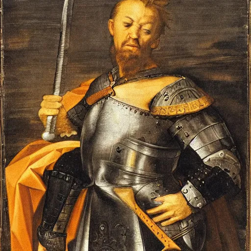 Image similar to donald trump, wearing knight ’ s armor, holding a spectacular broadsword, by annibale carracci, two arms, two legs, symmetrical face, detailed face