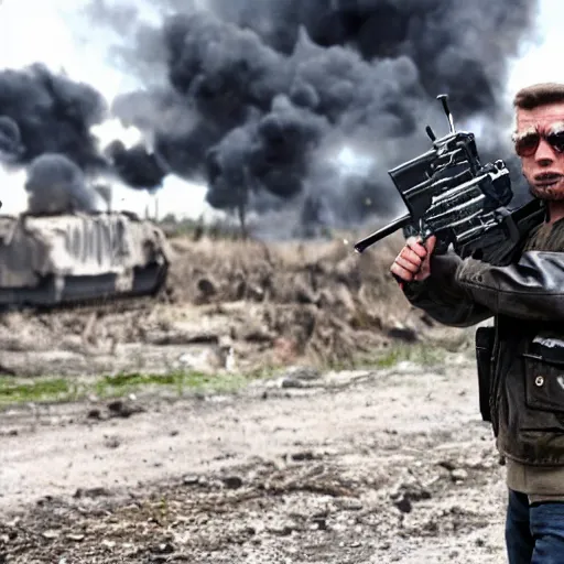 Prompt: Terminator T800 fighting in Ukraine against Russian forces, anime style