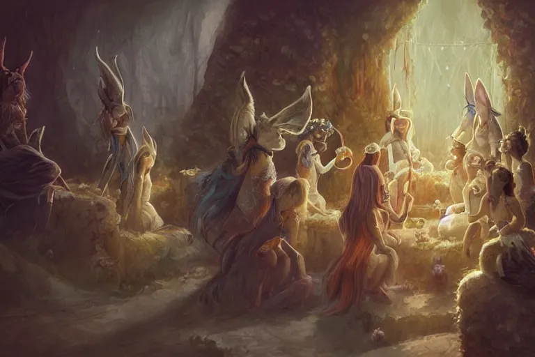 Image similar to the muses. sacred singers they who took up the strings of the deep, and turned the cacophony of an angry world into songs of unity and peace. there's a feathered bunny audience. morning lighting, cinematic fantasy painting, dungeons and dragons, jessica rossier and brian froud