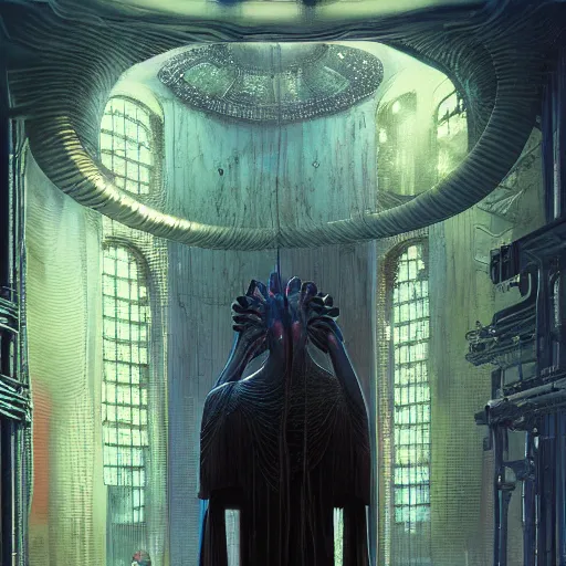 Image similar to portrait of tall, long-necked lipless mutant with scaled face and serpent eyes wearing gauze toga and standing in cyberpunk art deco mosque, alien bestiary by Barlowe, Greg Rutkowski, and Yoshitaka Amano