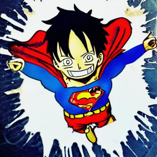 Image similar to die cut sticker, luffy is superman, splatter paint on paper