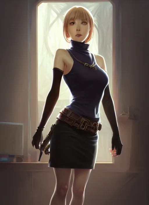 Prompt: portrait of a full body of beautiful young female detective, d & d, sleeveless turtleneck, pencil skirt, fantasy, flat lighting, intricate, highly detailed, digital painting, artstation, concept art, smooth, sharp focus, illustration, misa amane, art by simon bisley and greg rutkowski and alphonse mucha, natural tpose