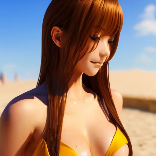 Prompt: Render of a very beautiful 3d anime girl, long hair, bikini shot, hazel eyes, cute freckles, full round face, short smile, golden hour, serene beach setting, medium shot, mid-shot, highly detailed, trending on Artstation, Unreal Engine 4k
