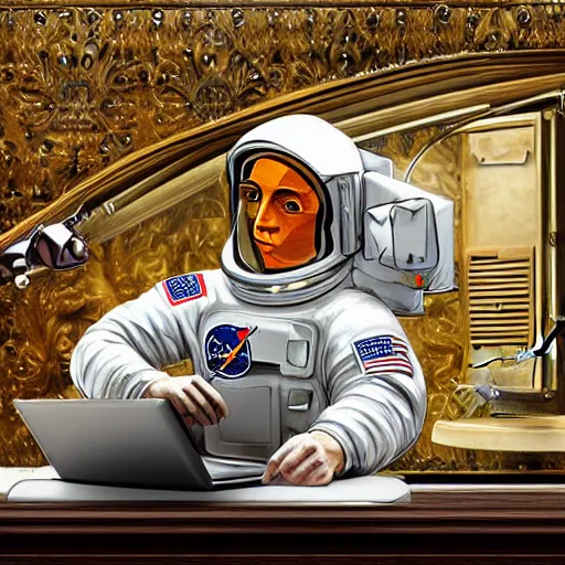 Image similar to an astronaut working on a laptop in an old ornate art gallery. photorealistic. highly detailed.