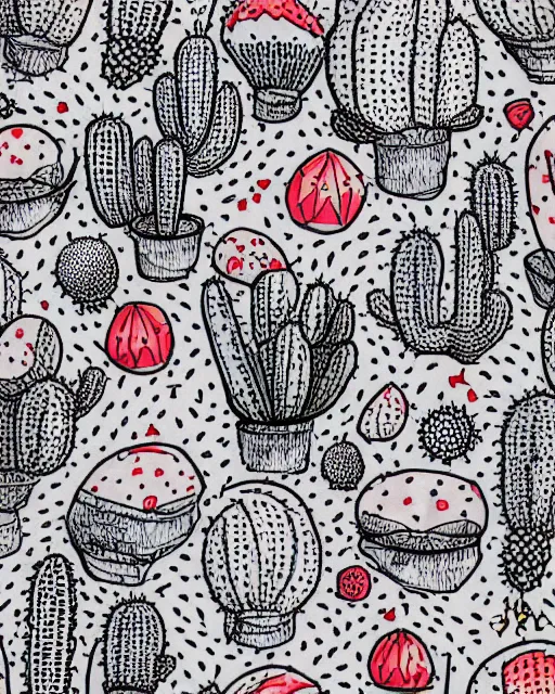 Prompt: detailed sketch of a cactus, pencil, red and white pattern, mysterious desert, two moons, 8 k, by studio ghibli, trending on deviantart, hyper detailed