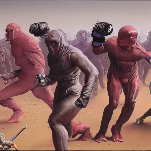 Image similar to boxer bobs and weaves under gunfire, by wayne barlowe