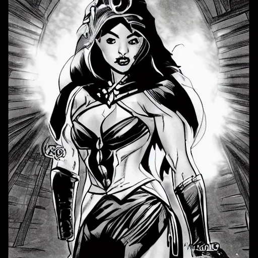 Image similar to a drawing of a filipino woman in a costume, a comic book panel by paul pelletier, artstation, arabesque, dc comics, marvel comics, official art
